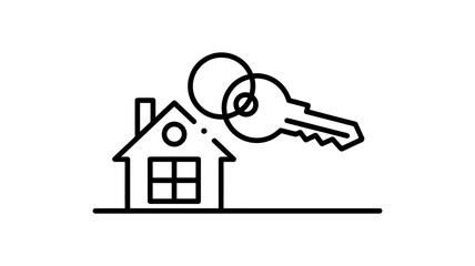 A simple line drawing of a house with a key on a keyring above it.