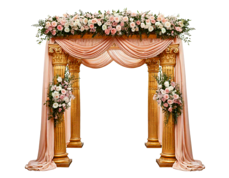 Ornate golden wedding arch with draped fabric and floral arrangements of pink and white rose.png