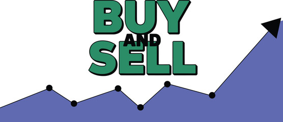 Buy and Sell text overlaid on a rising stock market graph with an upward arrow.