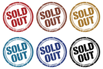 Six circular stamps, each displaying the words 'SOLD OUT' in bold lettering.