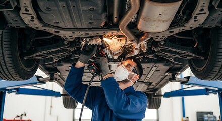 Mechanic in face mask working on car undercarriage in auto repair shop.