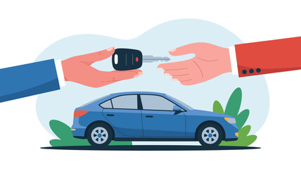 A hand exchanges car keys with another person over a blue sedan.