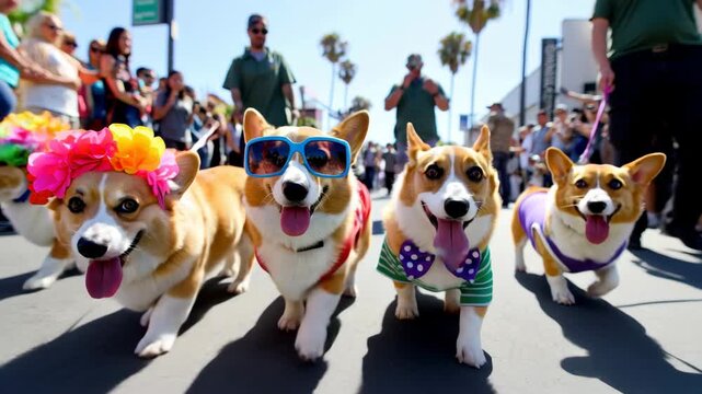 Parade of corgis on sunny boardwalk street in colorful costumes, flower crown sunglasses bowtie shirt purple vest, handlers, crowd watching under palm trees, festive pet celebration event