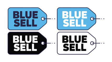 Four sale tags in blue and black with the words BLUE SELL displayed prominently.