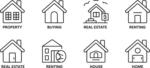 A collection of simple outline icons representing houses and real estate concepts.