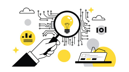 Flat design illustration of a human hand holding a magnifying glass symbolizing discovery and research