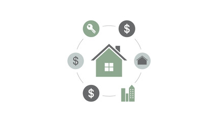 A house icon is surrounded by dollar signs, a key, and building icons in a circular arrangement.