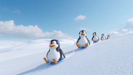 Playful Penguins Sledding Down Snowy Hills Under Bright Blue Sky