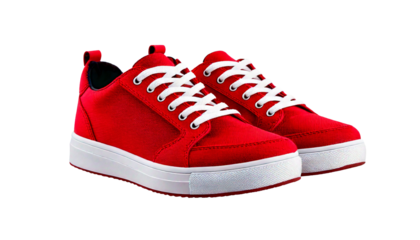 Pair of red low top sneakers, with white laces and white soles isolated on a white or transp.png
