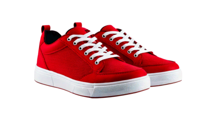 Pair of red low top sneakers, with white laces and white soles isolated on a white or transp.png