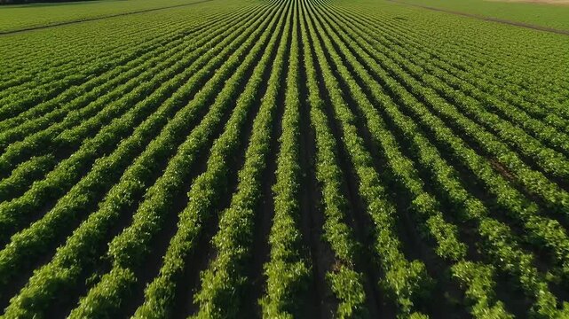 Vast field of crops planted in perfectly straight, receding rows under bright daylight.