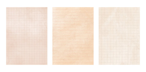 Retro vintage lined and grid checkered paper set, aged notebook sheet, beige stationery background, old texture writing pages template