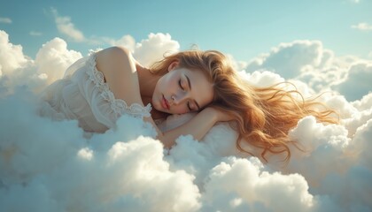Young woman sleeps peacefully on fluffy white clouds. Girl lies on soft cloud with closed eyes. Female relaxes in dreamy atmosphere with flowing hair and white dress.