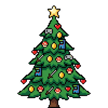 Pixel art christmas tree decorated with gaming items