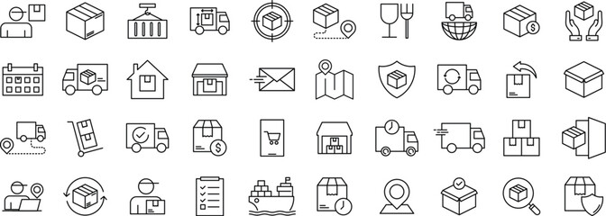 Shipping and Delivery Line icon set – Service, Cargo, Transportation, Deliver, and Courier Symbol in Outline Style