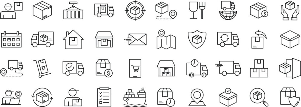 Shipping and Delivery Line icon set – Service, Cargo, Transportation, Deliver, and Courier Symbol in Outline Style