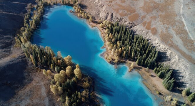 Breathtaking Aerial View of Blue Haba Lake Bordering Serene Brown Timberland in Tibet