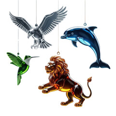 Fototapeta premium Glass ornaments featuring an eagle, dolphin, hummingbird, and lion, beautifully crafted and suspended, isolated on transparent background