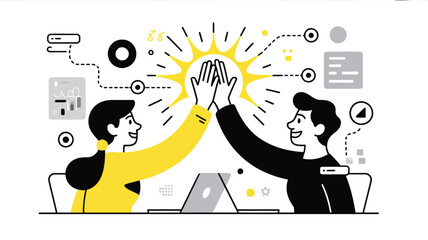 Minimalist illustration of a diverse team celebrating with a high five symbolizing unity and success
