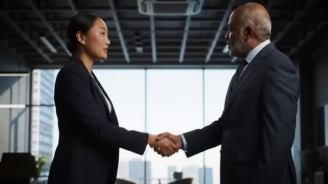 Business professionals shaking hands in a modern office, symbolizing partnership and success