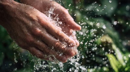 Fototapeta premium Cleansing Hands Outdoors: Effective Hand Sanitization in a Lush Garden Setting