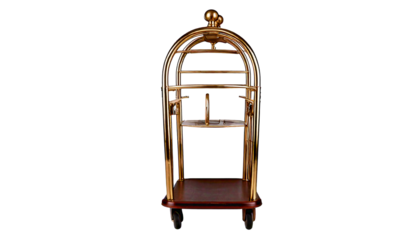 Polished brass hotel luggage cart with a brown deck and black wheels, isolated on a transpar.png