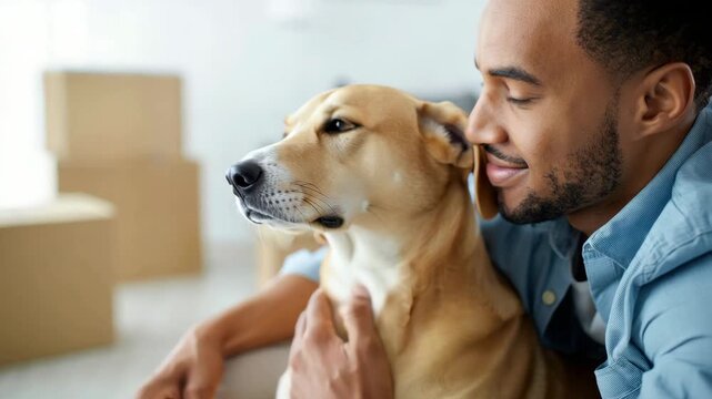 Man with dog during moving day, pet companionship at new home, cardboard boxes in background, owner hugging canine, residential relocation scene, domestic bonding, comfort, close bond, pet
