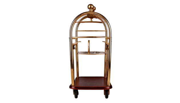 Polished brass hotel luggage cart with a brown deck and black wheels, isolated on a transpar.png