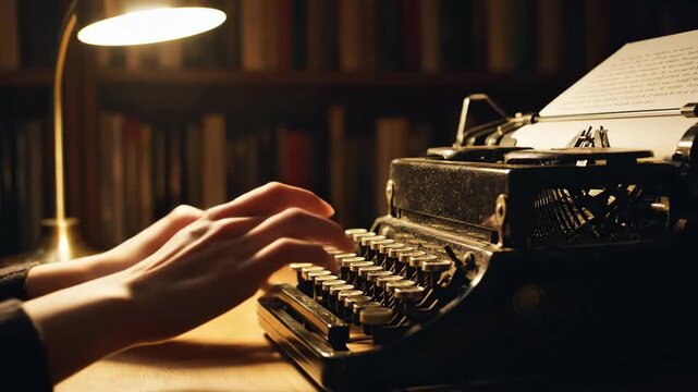 Fingers dance over vintage keys in a cozy study. Warm light illuminates a pile of books, inviting imagination and inspiration. A tranquil evening of writing unfolds.