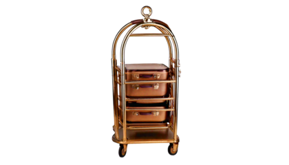 Polished brass hotel luggage cart with a brown deck and black wheels, isolated on a transpar.png