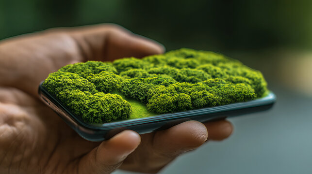 Eco friendly mobile technology showcasing sustainable travel apps with greenery