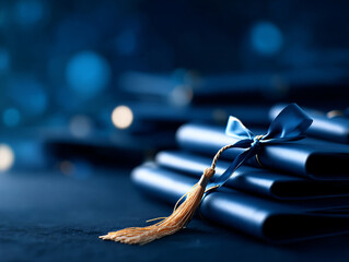Graduation certificates stacked elegantly with blue ribbon, symbolizing achievement and success