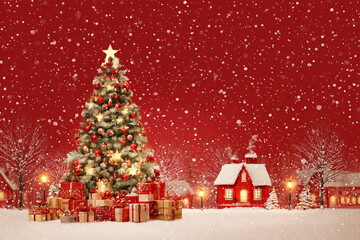 Obraz premium Magical Christmas Eve snowfall scene with vibrant decorated tree, wrapped gifts, and cozy cottage, perfect for holiday cards and festive winter promotions