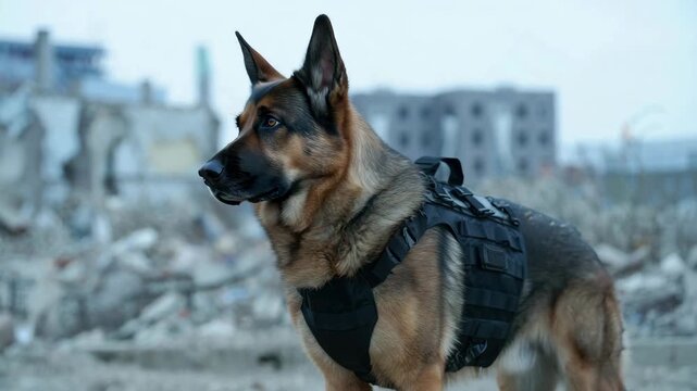 German shepherd in tactical vest among urban rubble, search rescue canine at disaster site, military dog on patrol in ruined city, rubble detection canine with harness, emergency canine