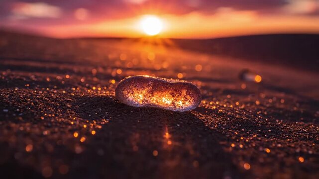 As the sun sinks below the horizon, a glowing object rests on golden sand, catching the light and sparkling. The beauty of nature surrounds it in a magical moment.