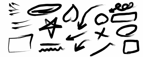 Hand Drawn Marker and Ink Shapes Set. Abstract Grunge Arrows, Circles, and Star Vector Collection