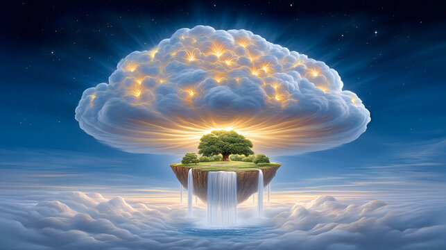 Surreal landscape with floating island and glowing cloud waterfall fantasy scene