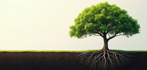 A mature tree with deep, extensive roots grows from the earth. Its vibrant green foliage reaches towards a pale sky. This image symbolizes nature enduring strength and groundedness.