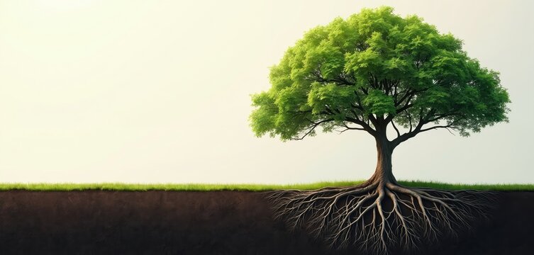 A mature tree with deep, extensive roots grows from the earth. Its vibrant green foliage reaches towards a pale sky. This image symbolizes nature enduring strength and groundedness.