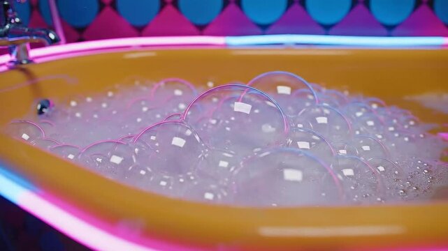 Yellow Tub Fills with Water and Bubbles Neon Lights Pink Blue