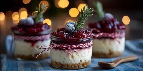 Mini jar cheesecakes topped with bright berries and sugared rosemary, tied with red twine, glow under soft holiday lights.