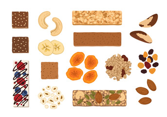 A colorful assortment of wholesome snacks, ranging from nut bars and granola to dried apricots, almonds, and banana chips, is arranged neatly on a white background