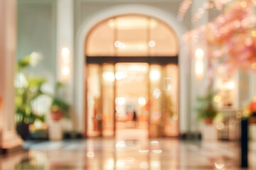 Hotel entrance. Shallow depth of field and blurred photo. Warm tones, abstract defocused background. Concept image of  travel marketing.	