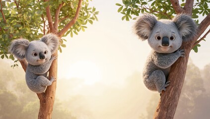 Adorable cartoon koalas climbing trees in a serene natural setting