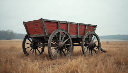 Old wooden wagon stands in grassy field. Red cart big vintage wheels. Rustic transport presents farm life, countryside. Concept of agriculture, tradition, journey, freedom, travel in history. Simple