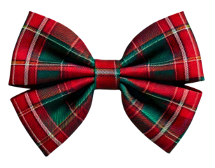Red and green tartan plaid bow tie accessory, isolated on a transparent background