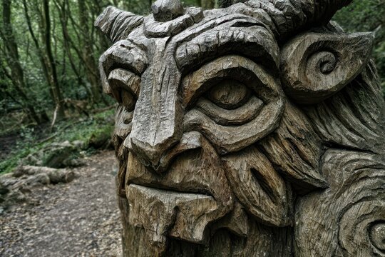 Ancient Grendel Sculpture: Mythical Monster Wooden Art at Beowulf and Grendel Trail, West Stow Country Park, Suffolk, UK