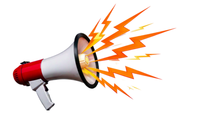  Red and white megaphone emitting red and yellow lightning bolt sound waves, isolated on a wh 