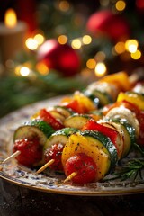 Obraz premium Vegetable skewers with star-cut peppers and zucchini slices rest on a festive plate under blurred holiday lights. Their bright colors add freshness to the Christmas table.