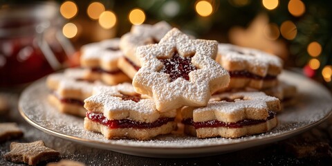 Star-cut Linzer cookies with raspberry filling sit under powdered sugar "snow" in warm Christmas light. A cozy holiday setting highlights their traditional festive look.